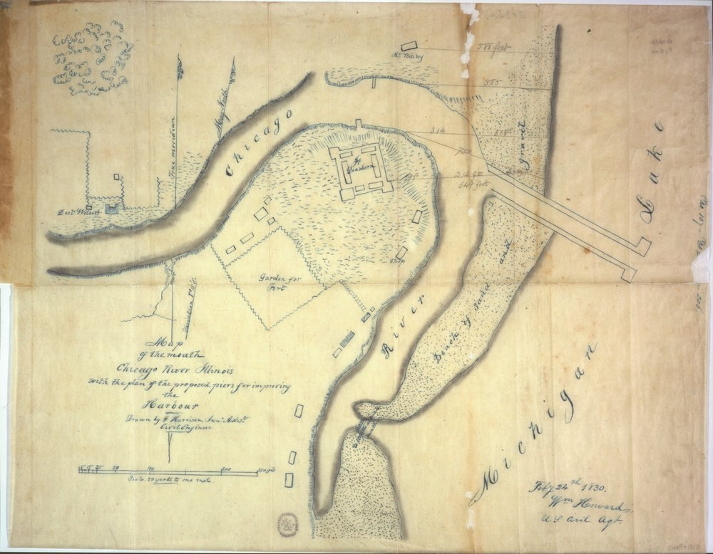 Map of the mouth of the Chicago River, Illinois with the plan of the ...