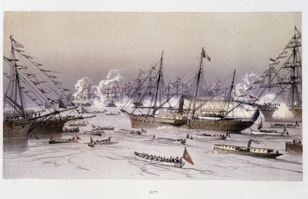 Entrance of the Eagle to Port Said for the inauguration of the Suez ...