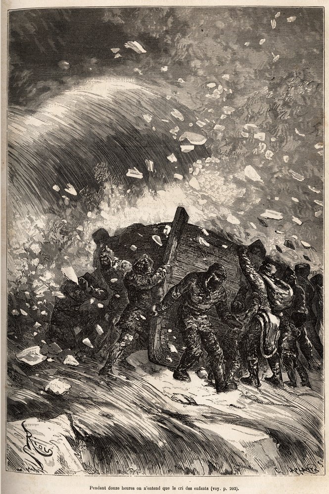 The crew's boat is caught in a terrible storm, the men without ropes ...