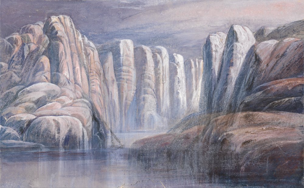 River pass, between barren rock cliffs by Edward Lear