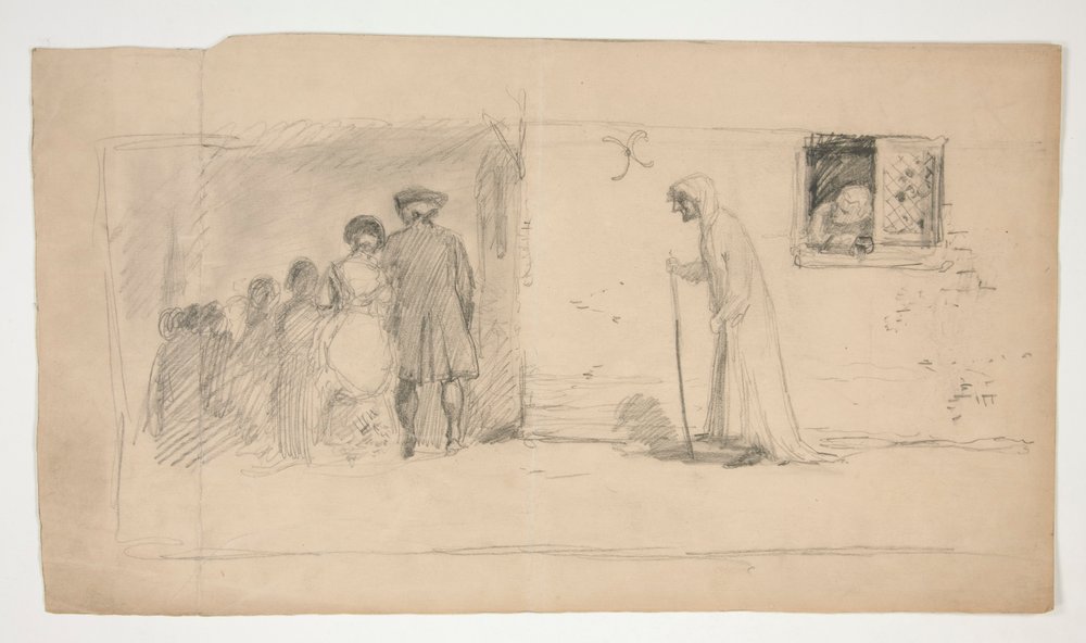 Group of Figures Outside Stone House - Unidentified Illustration by Edwin Austin Abbey