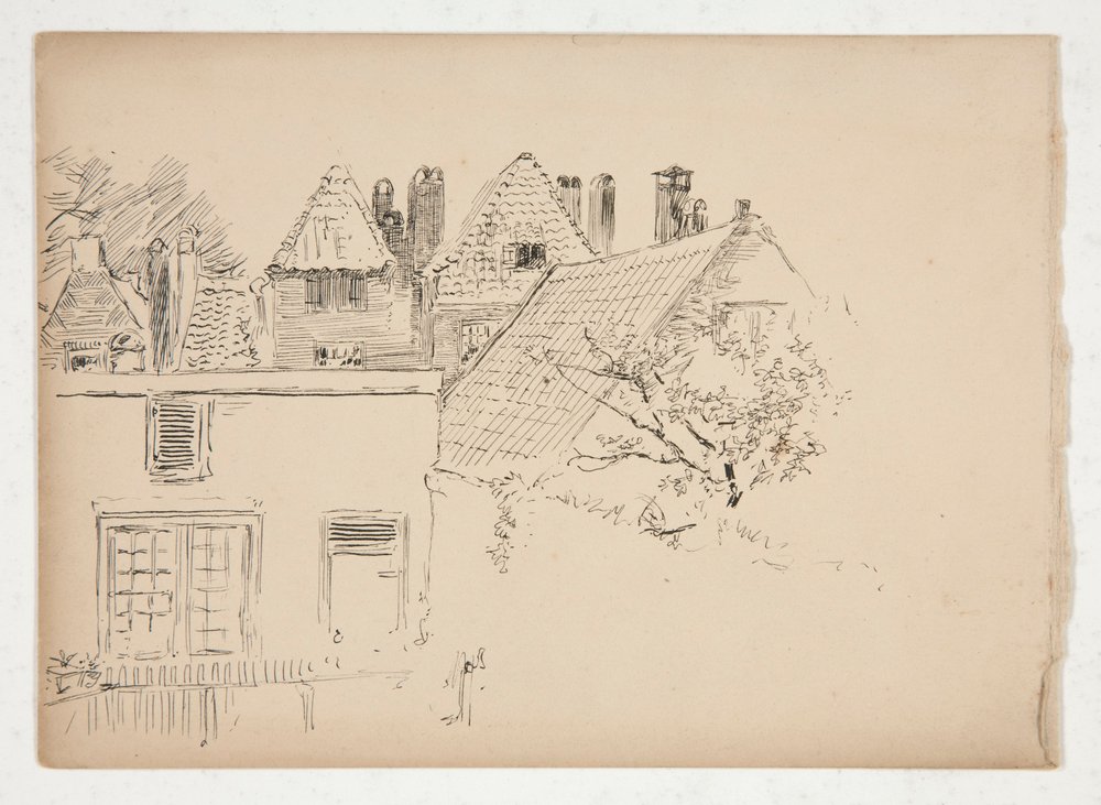 Sketch of an Exterior: Buildings and Tree by Edwin Austin Abbey