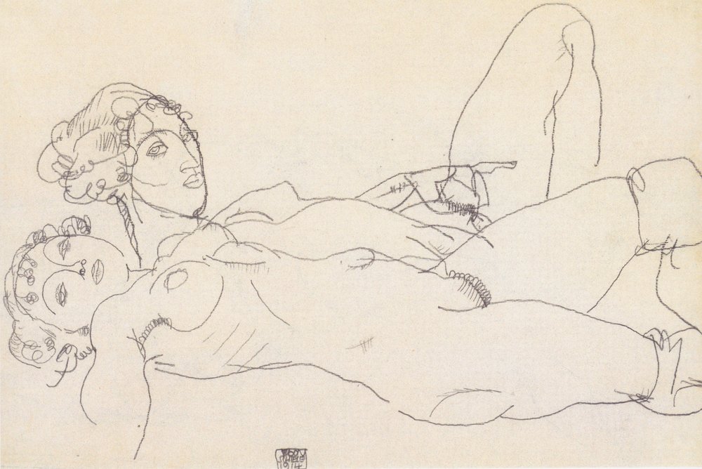 Two Reclining Nude Girls by Egon Schiele