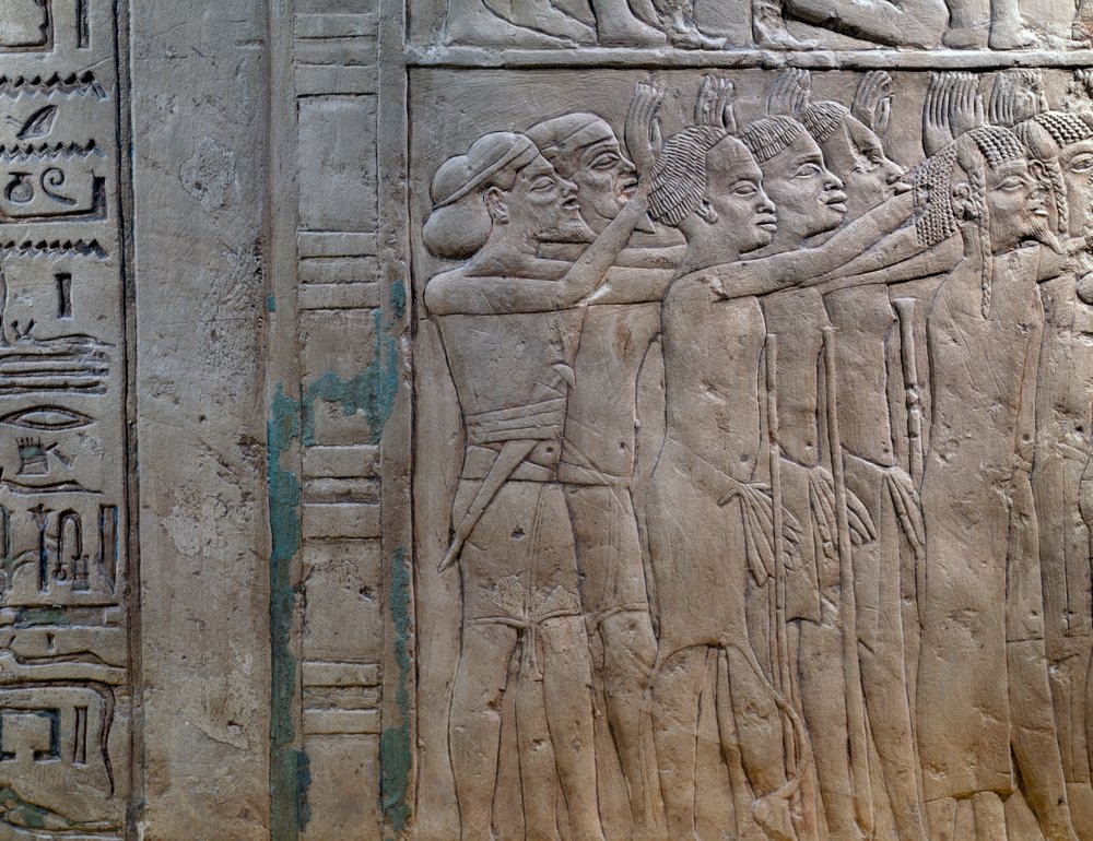 Princes of Nubia, Libya, Syria and Palestine coming to pay homage to king, bas-relief in limestone, from Memphite Tomb of Horemheb, at Saqqara, New Kingdom, Dynasty XVIII by Egyptian 18th Dynasty
