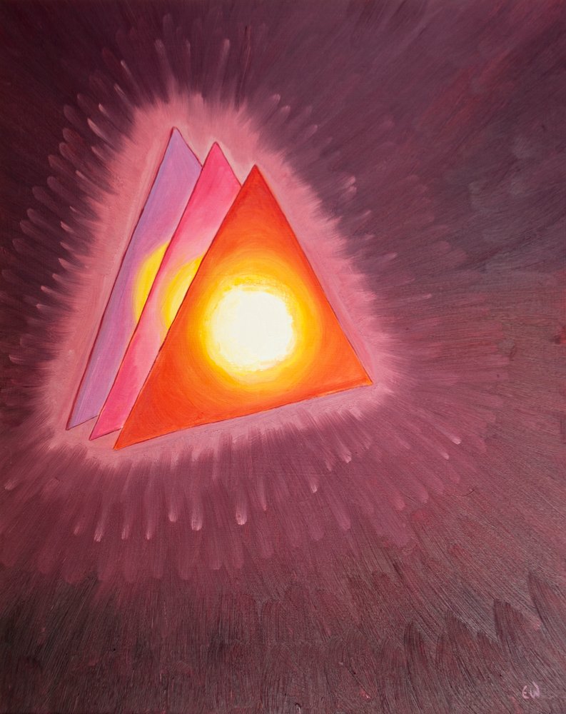 I was shown a symbol of the Holy Trinity: three triangles, with a fire like molten lava (representing Divine Love) at the heart of each, 2003 by Elizabeth Wang