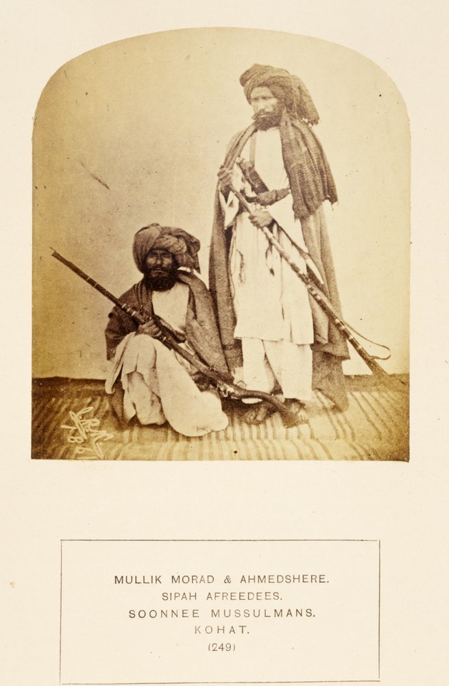 Mullik Morad and Ahmedshere, Sipah Afreedees, Soonnee Musulmans, Kohat, from The People of India, by J. Forbes Watson, published 1868 by English Photographer