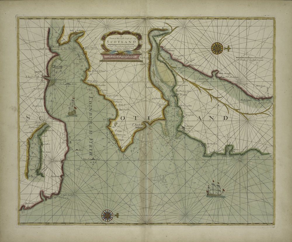 A Chart of the East Coast of Scotland from a Sea-Atlas Containing an Hydrographical Description of Most of the Sea-Coasts of the Known Parts of the World by Samuel Thornton, 1707 (hand coloured print) by English School