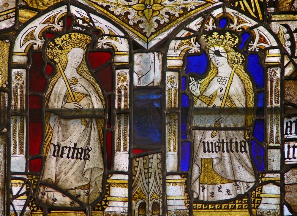 A panel in the east window depicting the Cardinal Virtues: Truth ...