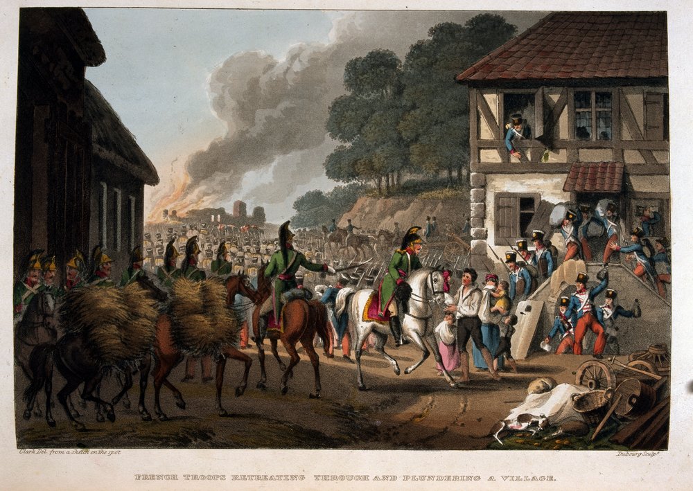 French troops retreating through and plundering a village