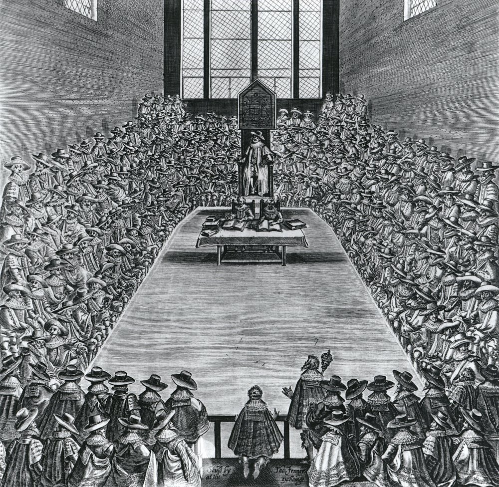 King James I (1566-1625) in the Houses of Parliament, 1624 by English School