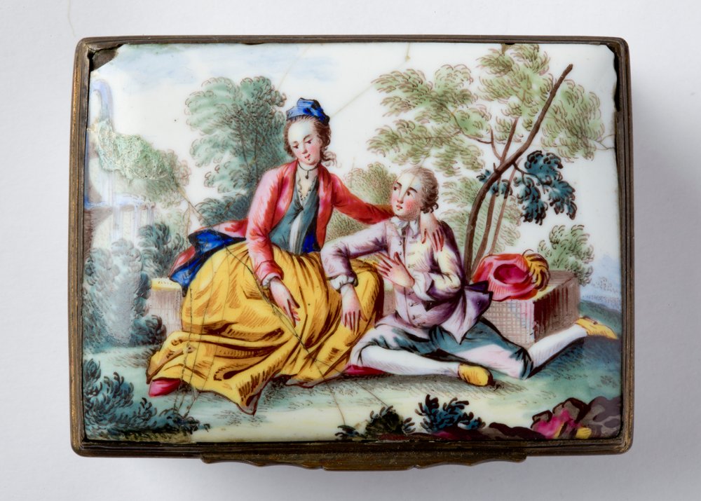 Oblong Box with Lovers in a Landscape on Lid, and Painted Flowers and Insects on Shaped Sides by English School
