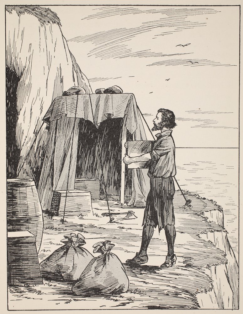 Robinson Crusoe building his shelter, illustration from The Story of Robinson Crusoe: An adaptation for children following Defoe’s language, published by Griffith Farran Browne & Co. Limited, London by English School