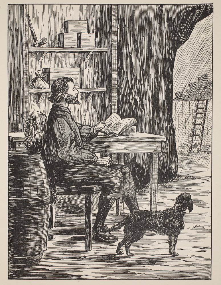 Robinson Crusoe in his cave, illustration from The Story of Robinson Crusoe: An adaptation for children following Defoe