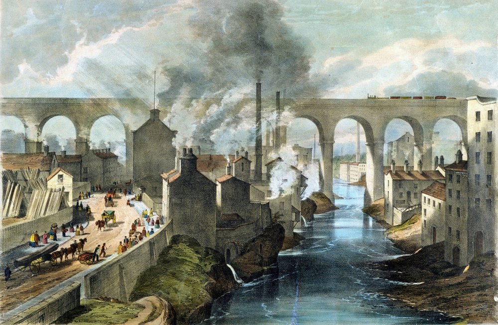 Train crossing Stockport Viaduct on London & North Western Railway, c.1845