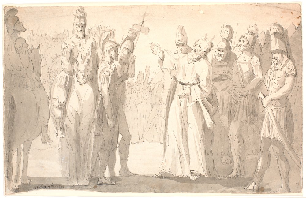 Figurative Scene with a Holy, Horned Man Among Roman Soldiers by Erik Pauelsen