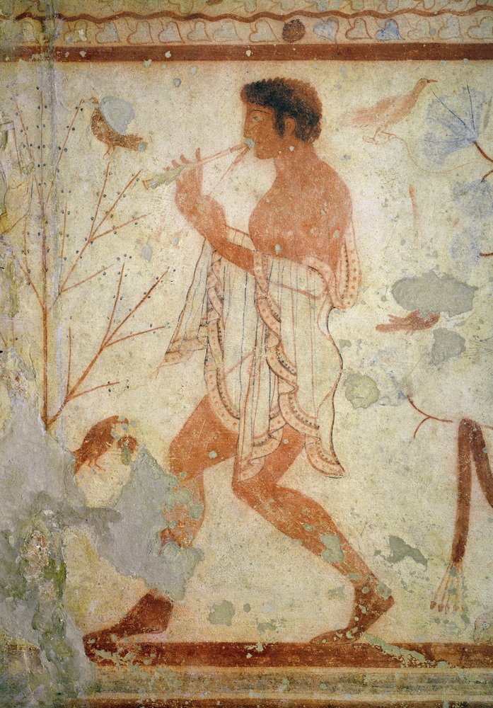 Musician playing a double flute, from the tomb of the triclinium, c. 470 BC by Etruscan