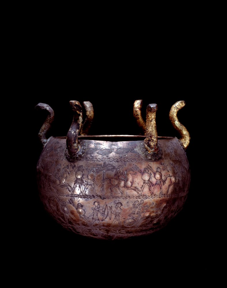 Etruscan civilization small silver vase with snakes from the princely