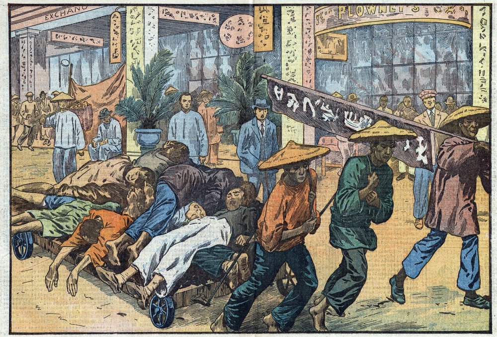 Civil war between nationalists and communists in China: after the communist unrest in Canton, the corpses of the victims are piled up on carts. Illustration by Damblans. In "Le Pèlerin" of March 4 by Eugene Damblans