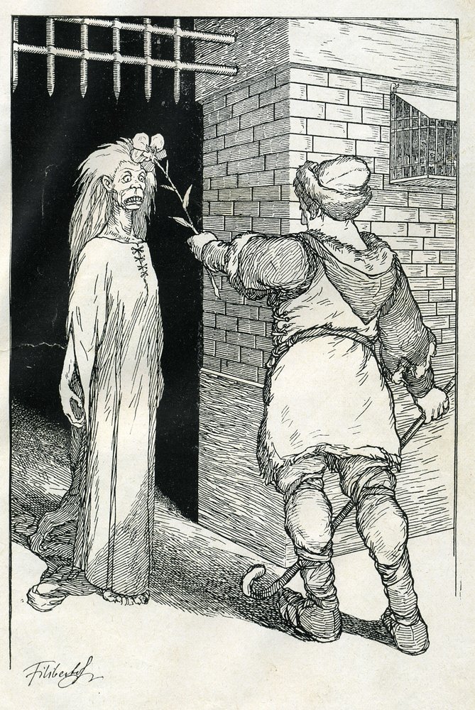 "He First Touched the Old Woman, She Was Petrified". Illustration by Filiberto Scarpelli for the fable "Good Evening Ezekiel" from a collection of fables by the Brothers Grimm "Snow White and Other Tales" by Filiberto Scarpelli