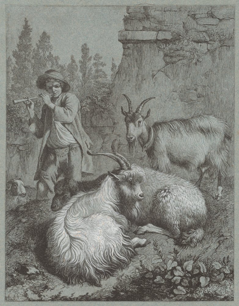 Shepherd Playing a Flute with Goats by Francesco Londonio