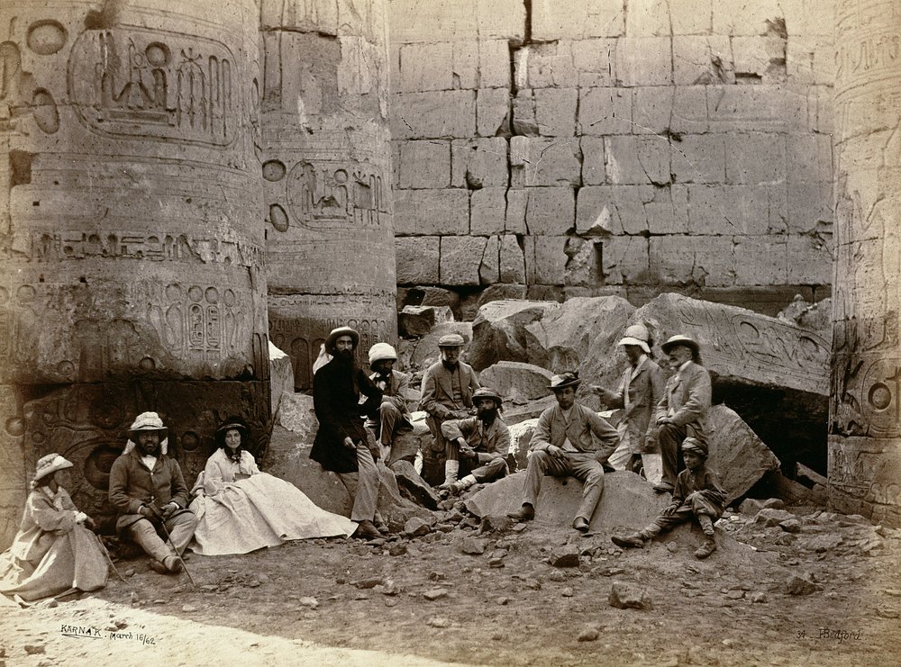 Group photograph in the Hall of Columns, Karnak, Thebes, 1862 by Francis Bedford