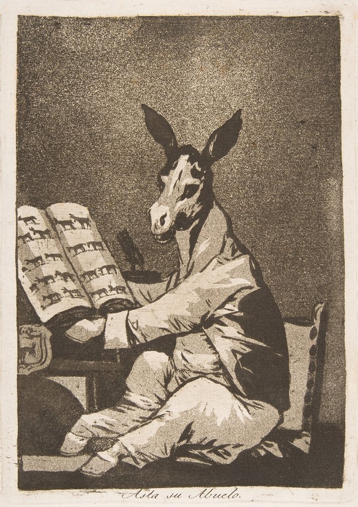 Plate 39 from Los Caprichos: And so was his grandfather. Asta su Abuelo., 1799 by Francisco de Goya