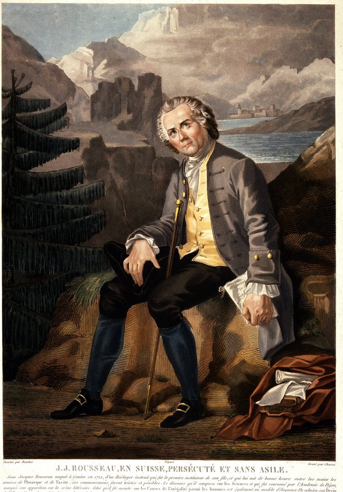 Jean-Jacques Rousseau in Switzerland, persecuted and without asylum. Aquatint by Charon after Boucher. 19th century. Paris, Musée Carnavalet. by Francois (after) Boucher