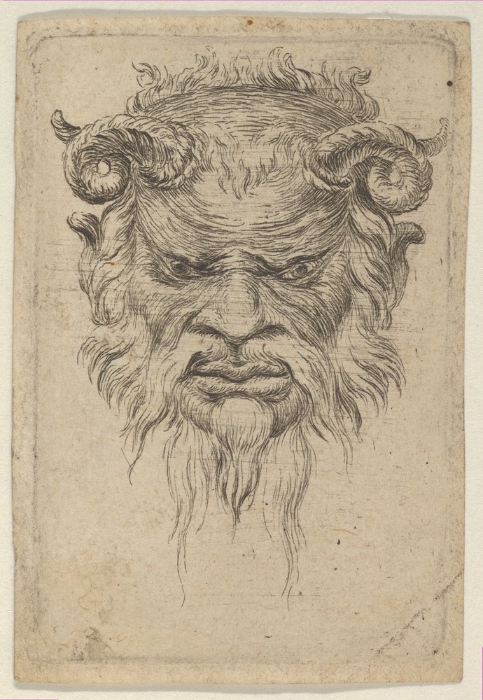 Satyr Mask with Curled Horns Looking Down, from Divers Masques by Francois Chauveau