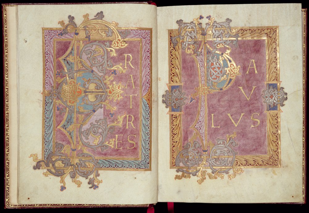 Ms McClean 30, ff. 2v-3r: Initial pages framed with Acanthus leaves, from the Reichenau Epistolary, late 10th century by Frankish School