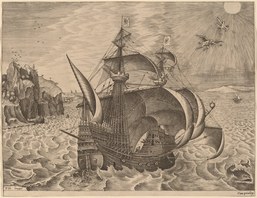 Armed Three-Master with Daedalus and Icarus in the Sky by Frans Huys after Pieter Bruegel the Elder