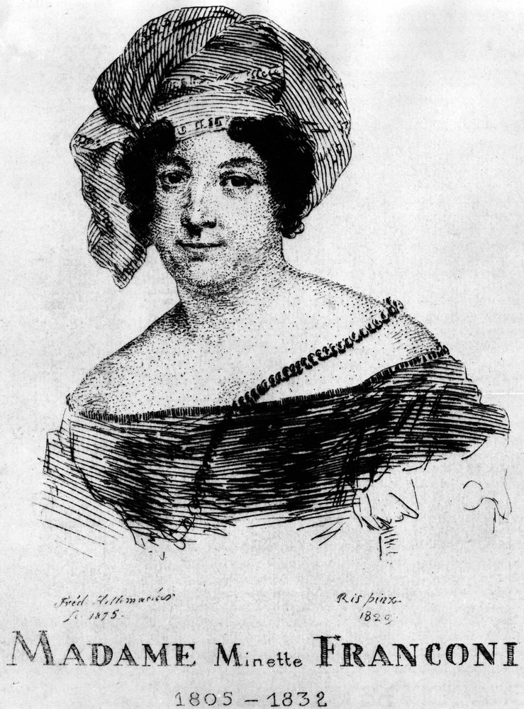 Circus: Eau forte by Frédéric Hillemacher, portrait of Mrs. Minette Franconi (1805-1832) - in The Franconi Circus. by Frederic Desire Hillemacher