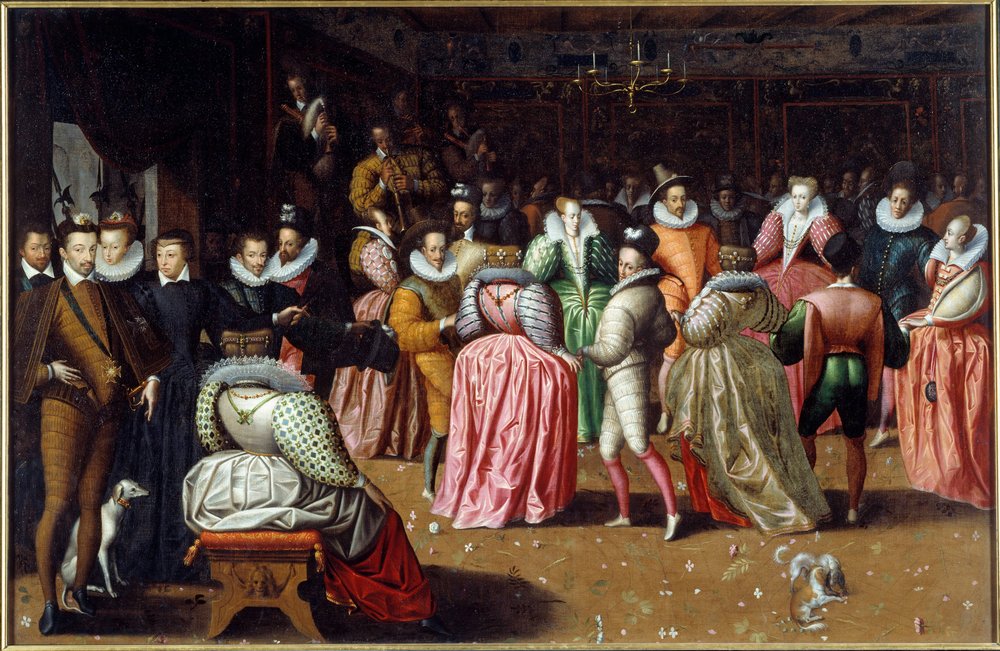 Ball at the court of King Henry III and Queen Catherine de Medici, known as the Ball of the Duke of Alençon. The sovereigns are depicted on the left, including Queen Margot, Margaret of Navarre or Valois (1553-1615). Painting of the F by French School