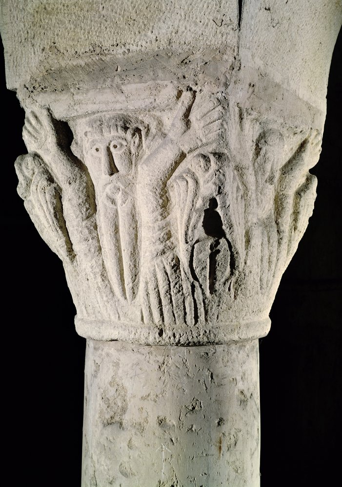 Column capital with a man with raised arms by French School