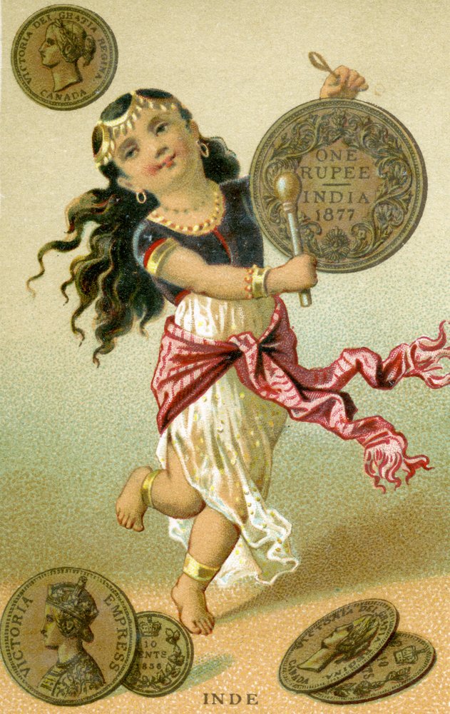 Indian dancer beating a rupee drum, from a series of promotional cards ...