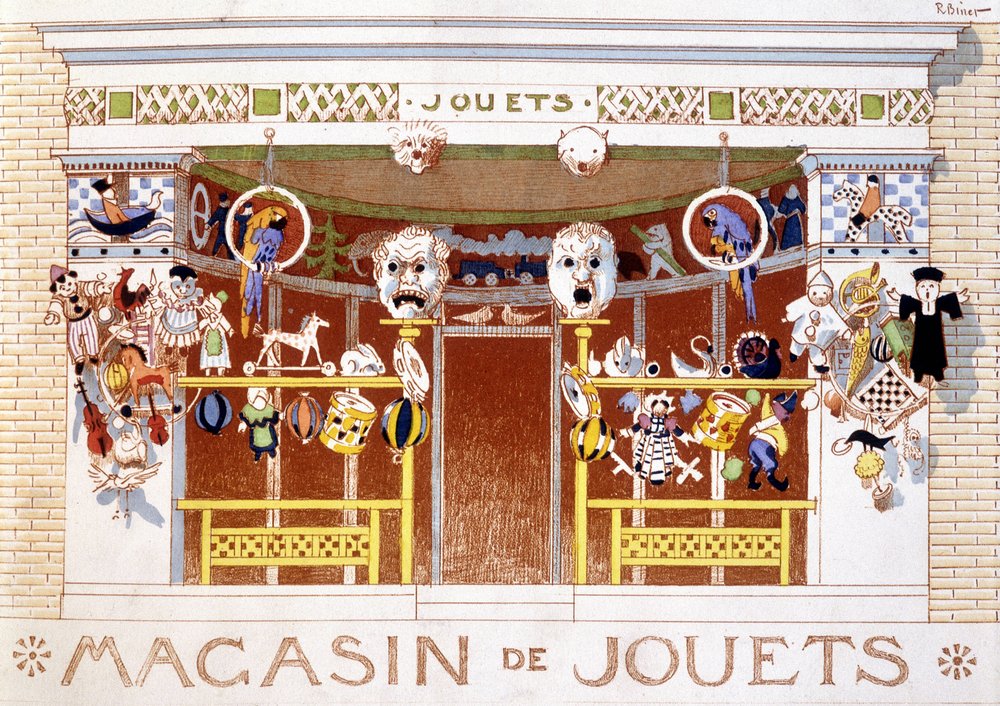 Presentation of items in a toy store by French School