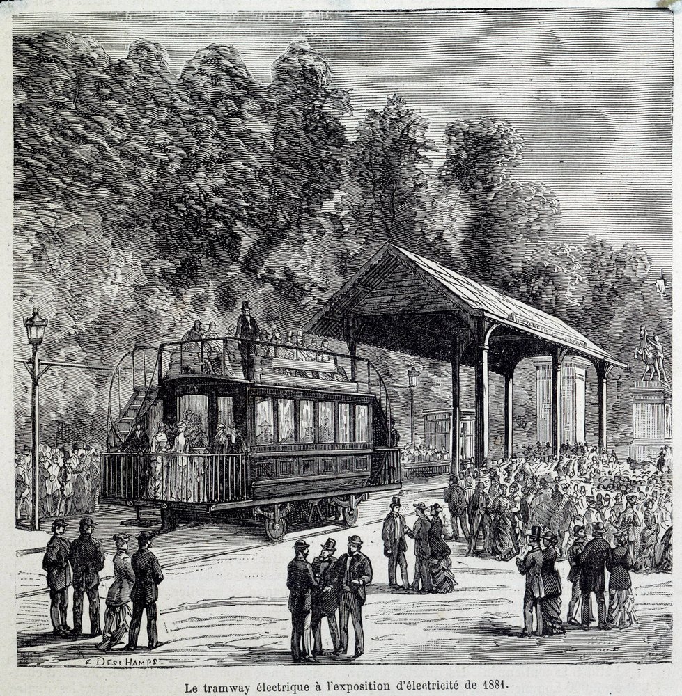 Progress in transport: the electric tramway exhibited electricity in 1881