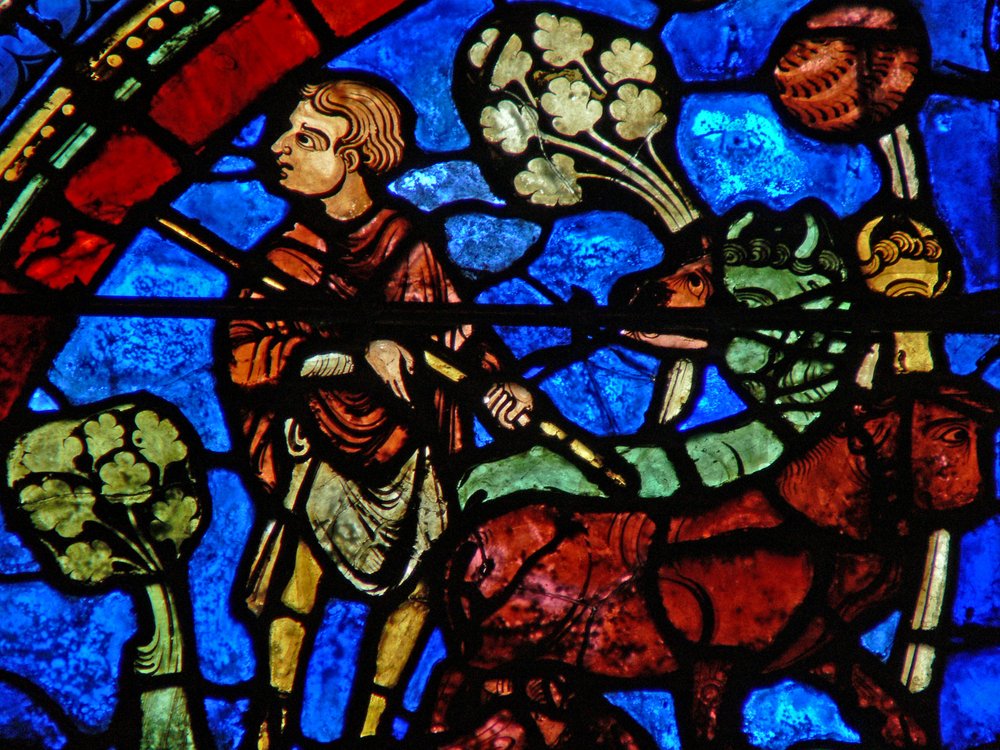 The Prodigal Son window: elder son watches father giving his inheritance