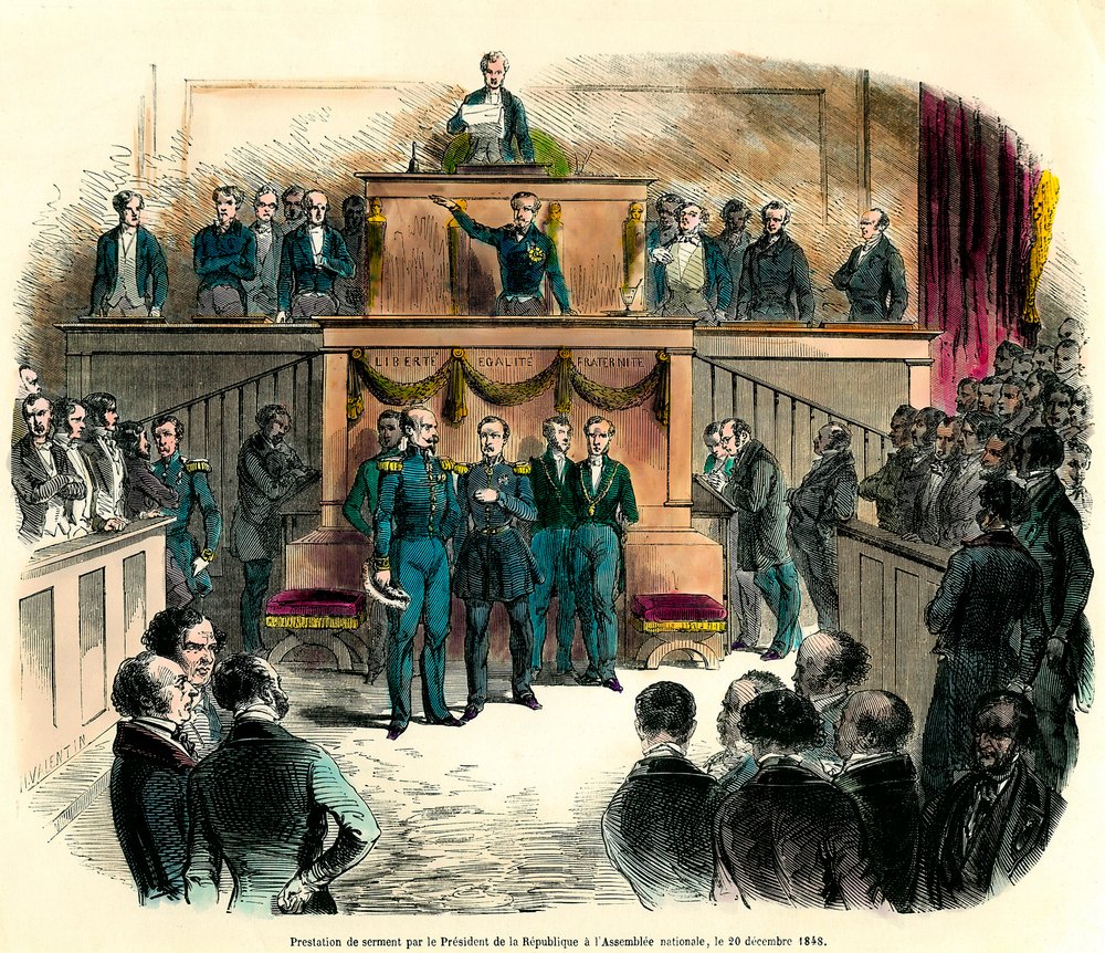 The swearing-in of Louis Napoleon III (Louis-Napoleon), who was officially proclaimed president of the Republic at the National Assembly on 20 December 1848. He vows “to remain faithful to the one and indivisible Democratic Republic and to fulfill all the” by French School