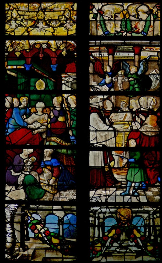 Window depicting scenes from the life of St Claude: his birth and baptism