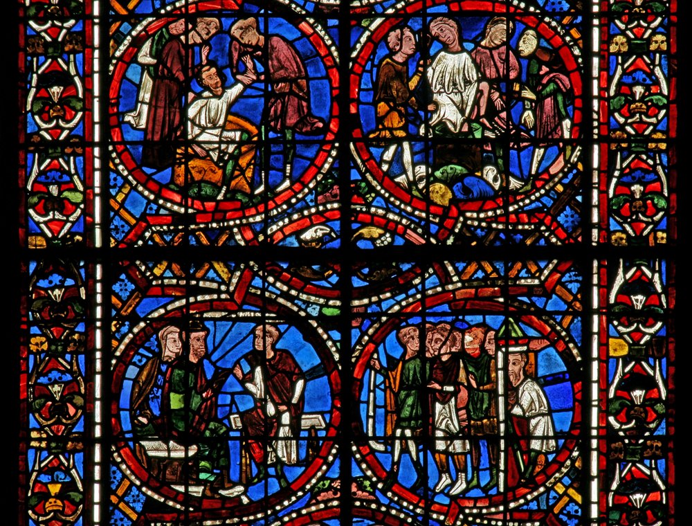 Window depicting Joseph tells his dream to Jacob and his wife