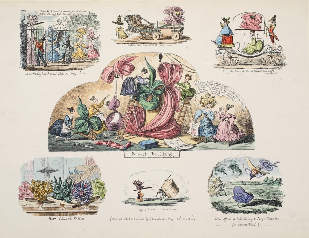 Bonnet Building, pub. 1828 by George Cruikshank