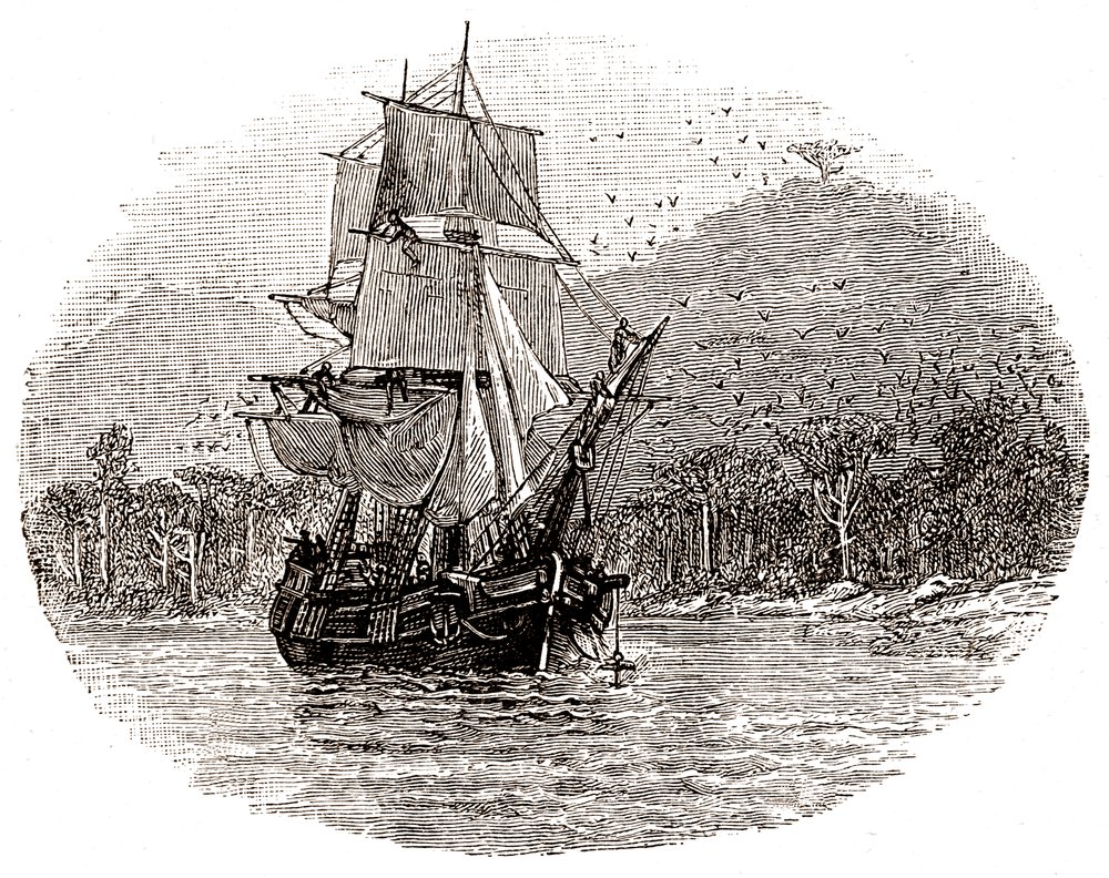 The Hispaniola drops anchor off the island by George Roux