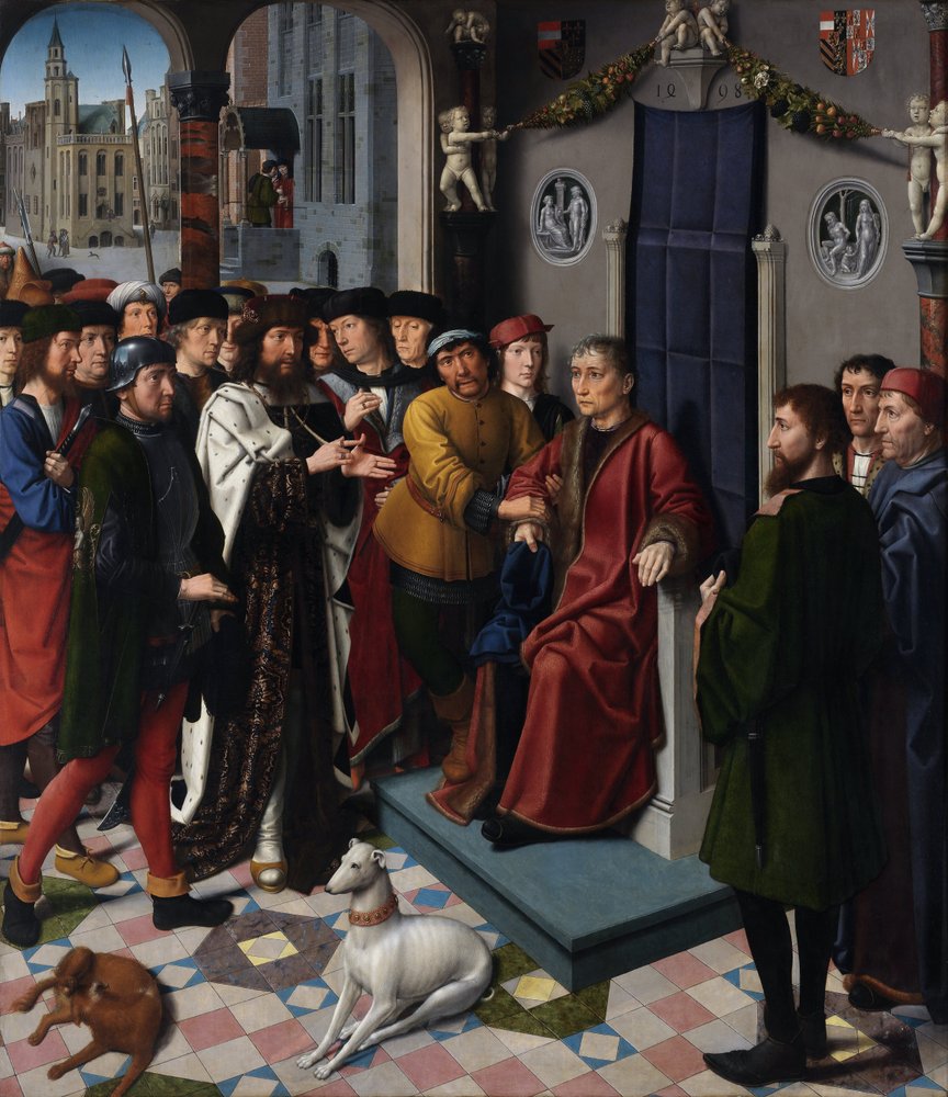 The Judgment of Cambyses (the Persian king Cambyses II, died 522 BC, condemns the judge Sisamnes to be flayed alive for having rendered a verdict in exchange for money) - The Judgment of Cambyses (left panel) - Painting by Gerard David (ca. 1460-1523) by Gerard David