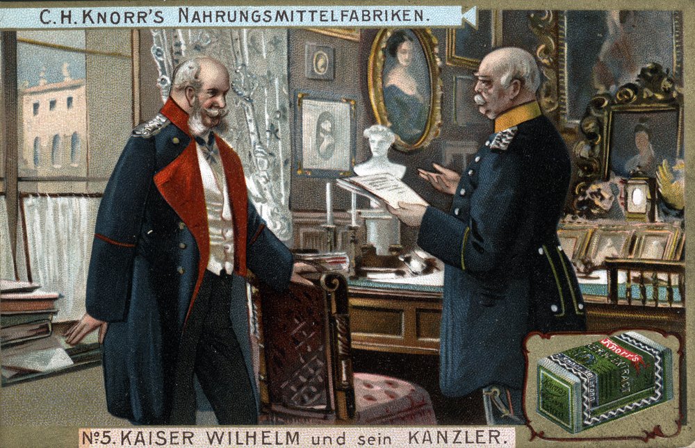Emperor William I of Germany and Prussia (1797-1888) and Chancellor Otto von Bismarck (1815-1898) discuss political issues. Chromolithography, late 19th century. by German School