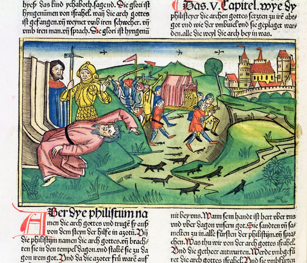 I Samuel 5:1-11: The Philistines seize the Ark and are struck by the plague, from the Nuremberg Bible (Biblia Sacra Germanaica) by German School