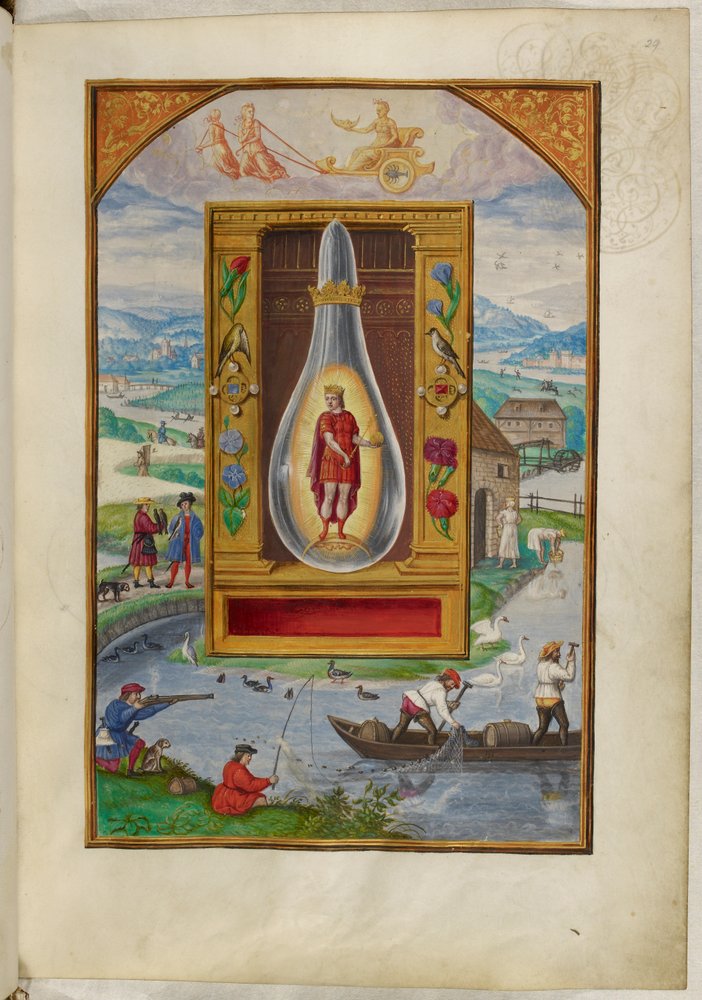 Young king in a flask, the Fourth Treatise, from 'Splendor Solis' by ...