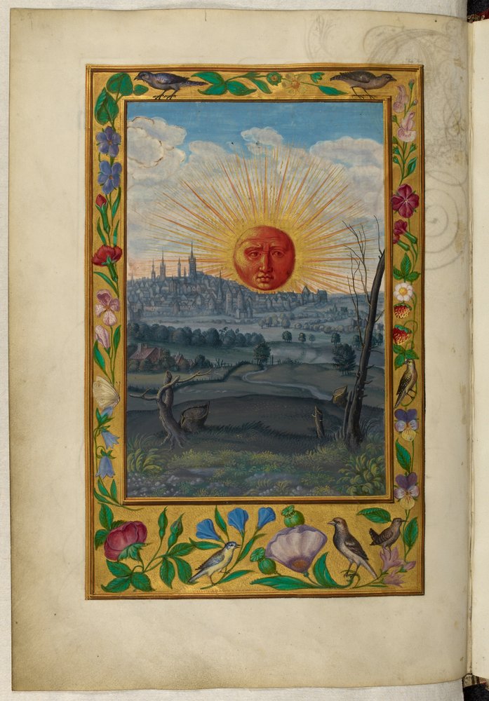 Sun with human face rising, the Fifth Treatise, from 'Splendor Solis ...