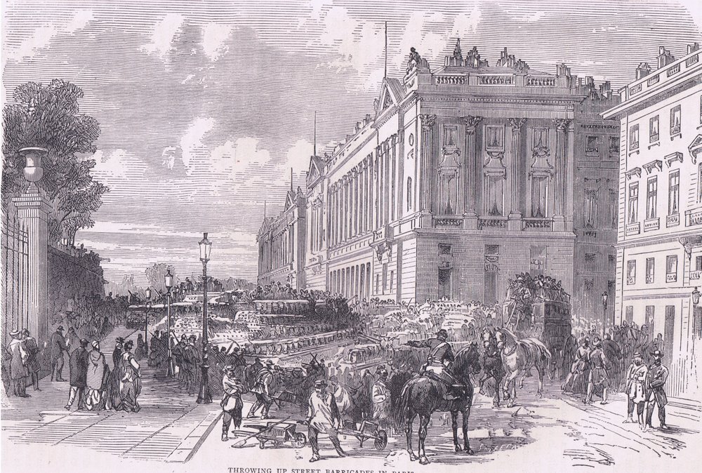 Throwing up street barricades in Paris, Cassells History of the War between France and Germany published by Cassell and Company Limited, c.1890 by German School