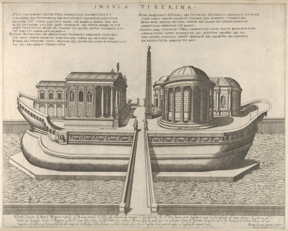 View of the Tiber Island Represented as a Ship, the Temple of Aesculapius at Left by Giovanni Ambrogio Brambilla