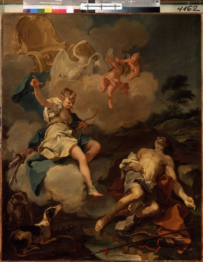 Diana and Endymion. In Greek mythology, Diana (Artemis) visits Endymion during the night, plunged into perpetual sleep, merely to contemplate his beauty. by Giovanni Battista Pittoni